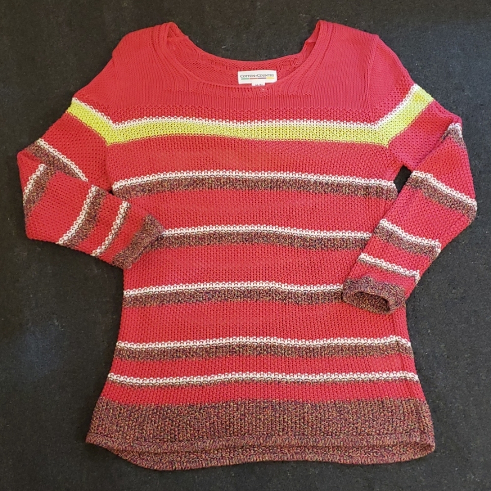 Cotton Country Sweater Knitted Striped Pink Yellow White Women's Medium M